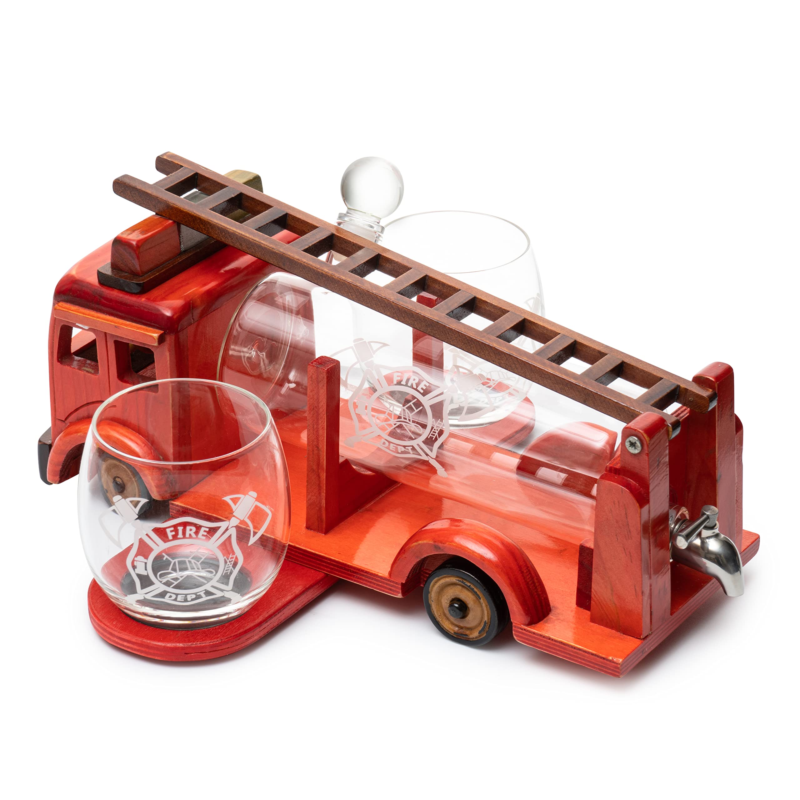 Firetruck Whiskey Decanter with Two 12 oz Glasses Gift Firefighter Gifts, Fireman, Fireman Figurine, Police Gifts, Fire Department Gifts, Gift for Firefighters ! 600ml 13" L 6" H Gifts for Dad