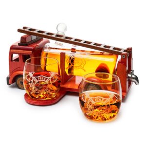 Firetruck Whiskey Decanter with Two 12 oz Glasses Gift Firefighter Gifts, Fireman, Fireman Figurine, Police Gifts, Fire Department Gifts, Gift for Firefighters ! 600ml 13" L 6" H Gifts for Dad