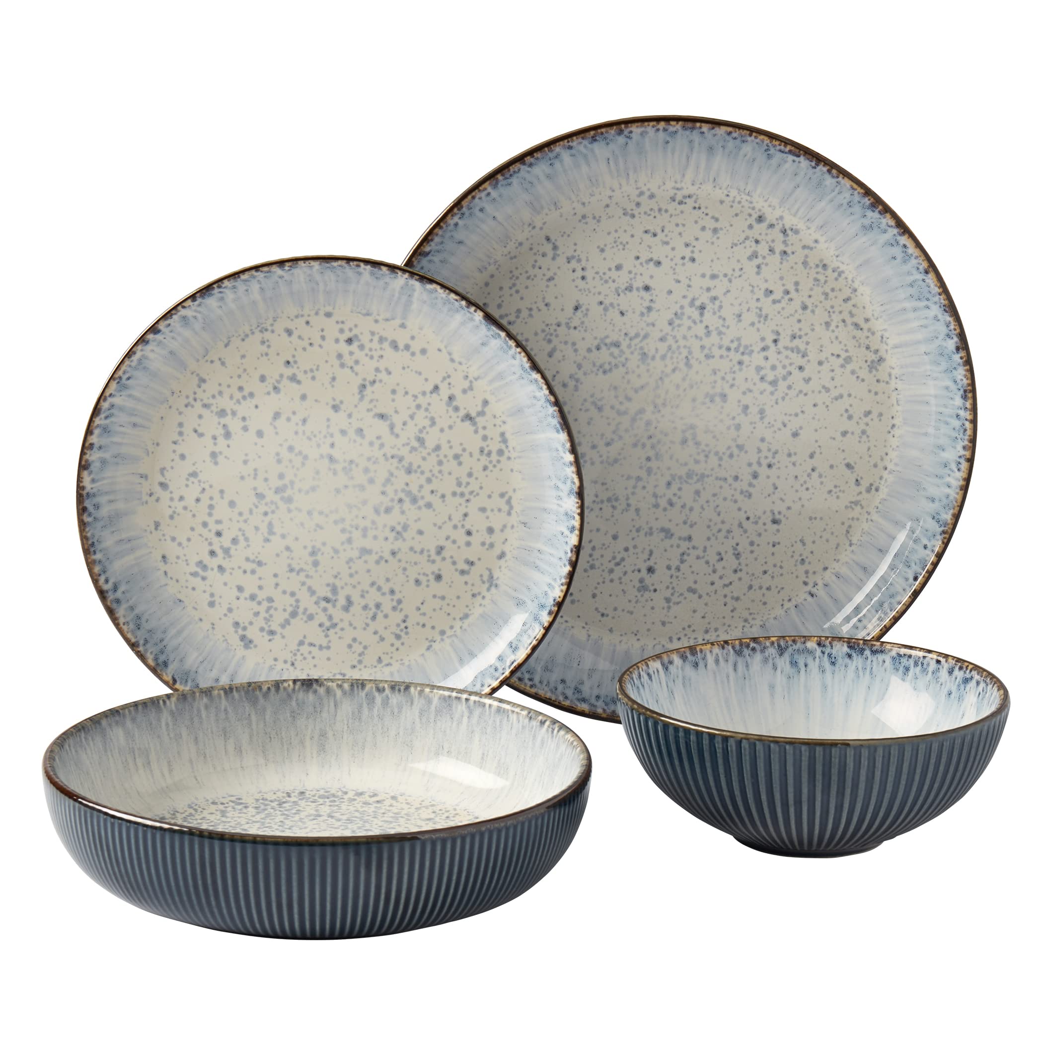 Tabletops Gallery Speckled Farmhouse Collection- Stoneware Dishes Service for 4 Dinner Salad Appetizer Dessert Plate Bowls, 16 Piece Jura Embossed Dinnerware Set in Smoky Blue