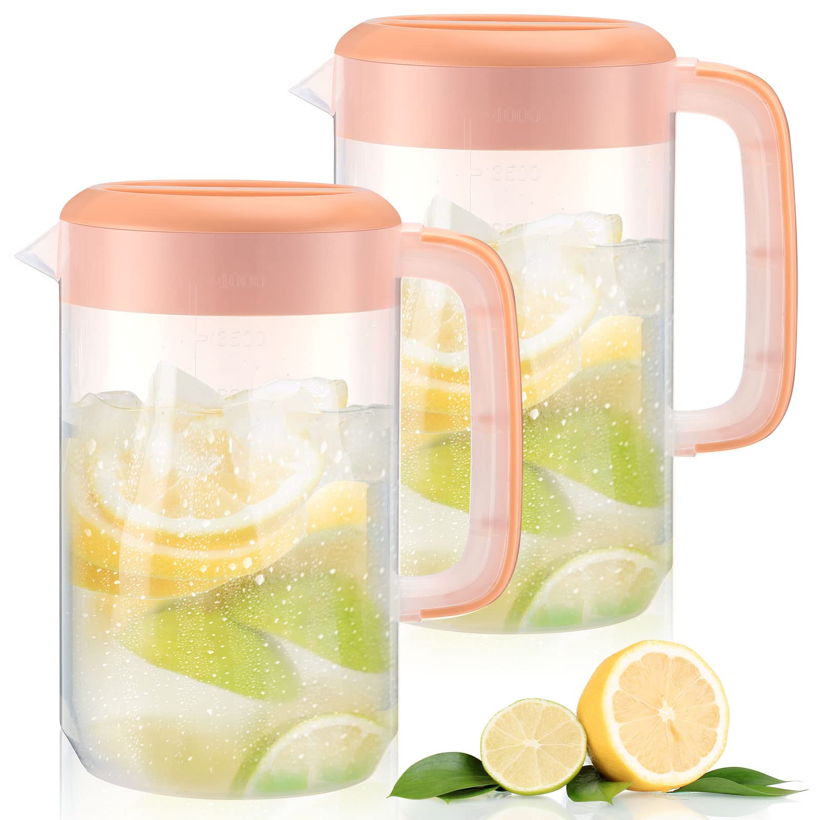 2Pcs Plastic Pitcher with Lid Large Clear Water Carafe Jug Ice Tea Pitcher Lemonade Juice Beverage Jar with Strainer Cover Handle Measurements for Hot Cold Coffee Drink (Pink,1 Gallon/4L)