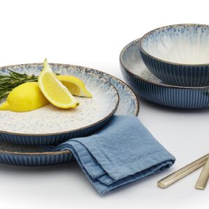 Tabletops Gallery Speckled Farmhouse Collection- Stoneware Dishes Service for 4 Dinner Salad Appetizer Dessert Plate Bowls, 16 Piece Jura Embossed Dinnerware Set in Smoky Blue
