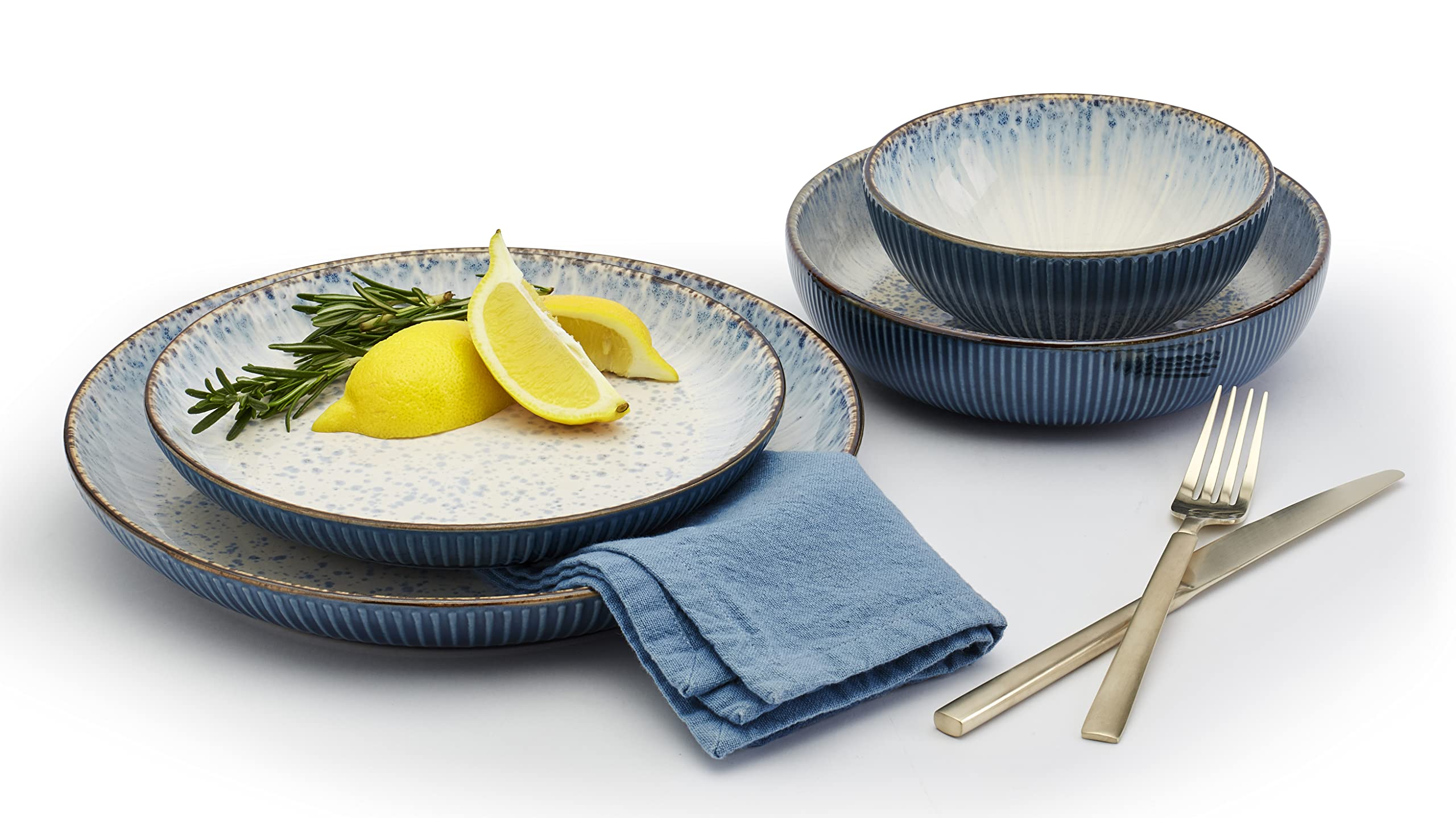 Tabletops Gallery Speckled Farmhouse Collection- Stoneware Dishes Service for 4 Dinner Salad Appetizer Dessert Plate Bowls, 16 Piece Jura Embossed Dinnerware Set in Smoky Blue