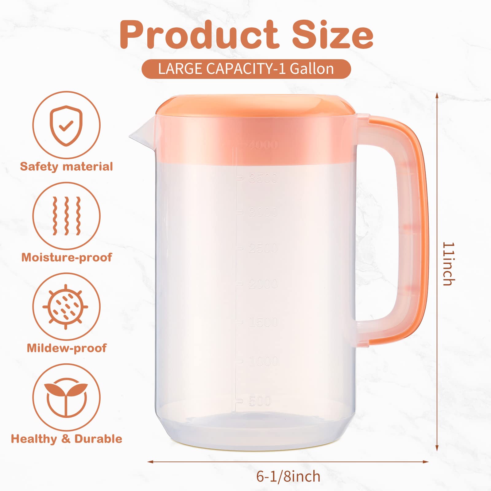 2Pcs Plastic Pitcher with Lid Large Clear Water Carafe Jug Ice Tea Pitcher Lemonade Juice Beverage Jar with Strainer Cover Handle Measurements for Hot Cold Coffee Drink (Pink,1 Gallon/4L)