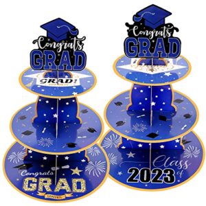 2 set graduation cupcake stand, 3 tier round cardboard cupcake stand, cupcake holder perfect for grad themed party décor, graduation party supplies, graduation dessert favors supplies (blue)