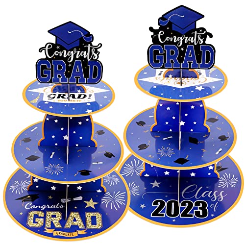 2 Set Graduation Cupcake Stand, 3 Tier Round Cardboard Cupcake Stand, Cupcake Holder Perfect for Grad Themed Party Décor, Graduation Party Supplies, Graduation Dessert Favors Supplies (Blue)