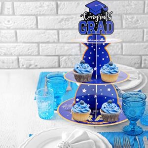 2 Set Graduation Cupcake Stand, 3 Tier Round Cardboard Cupcake Stand, Cupcake Holder Perfect for Grad Themed Party Décor, Graduation Party Supplies, Graduation Dessert Favors Supplies (Blue)