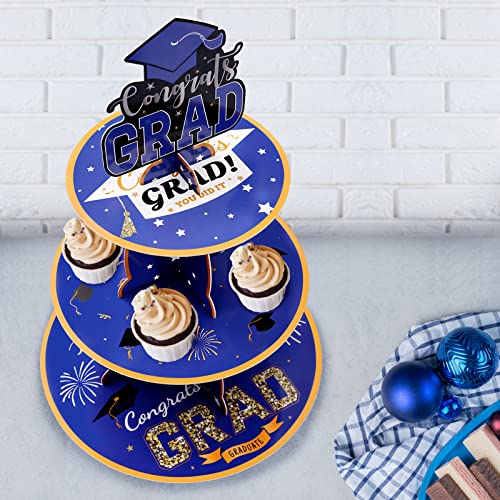 2 Set Graduation Cupcake Stand, 3 Tier Round Cardboard Cupcake Stand, Cupcake Holder Perfect for Grad Themed Party Décor, Graduation Party Supplies, Graduation Dessert Favors Supplies (Blue)