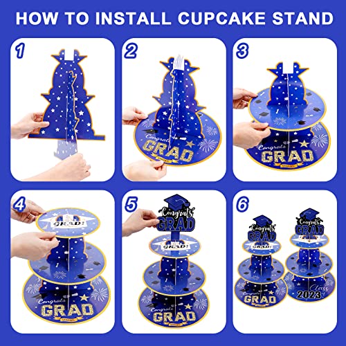 2 Set Graduation Cupcake Stand, 3 Tier Round Cardboard Cupcake Stand, Cupcake Holder Perfect for Grad Themed Party Décor, Graduation Party Supplies, Graduation Dessert Favors Supplies (Blue)