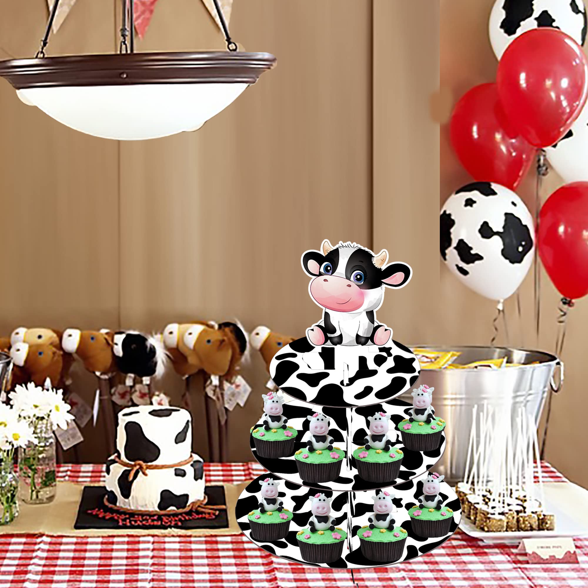 Farm Animal Cow Print Cupcake Stand Cow Party Decoration 3-Tier Cow Cupcake Holder Cardboard Cupcake Stand Cow Themed Party Decoration for Baby Shower Birthday Party Supplies