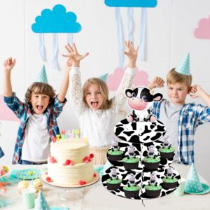 Farm Animal Cow Print Cupcake Stand Cow Party Decoration 3-Tier Cow Cupcake Holder Cardboard Cupcake Stand Cow Themed Party Decoration for Baby Shower Birthday Party Supplies