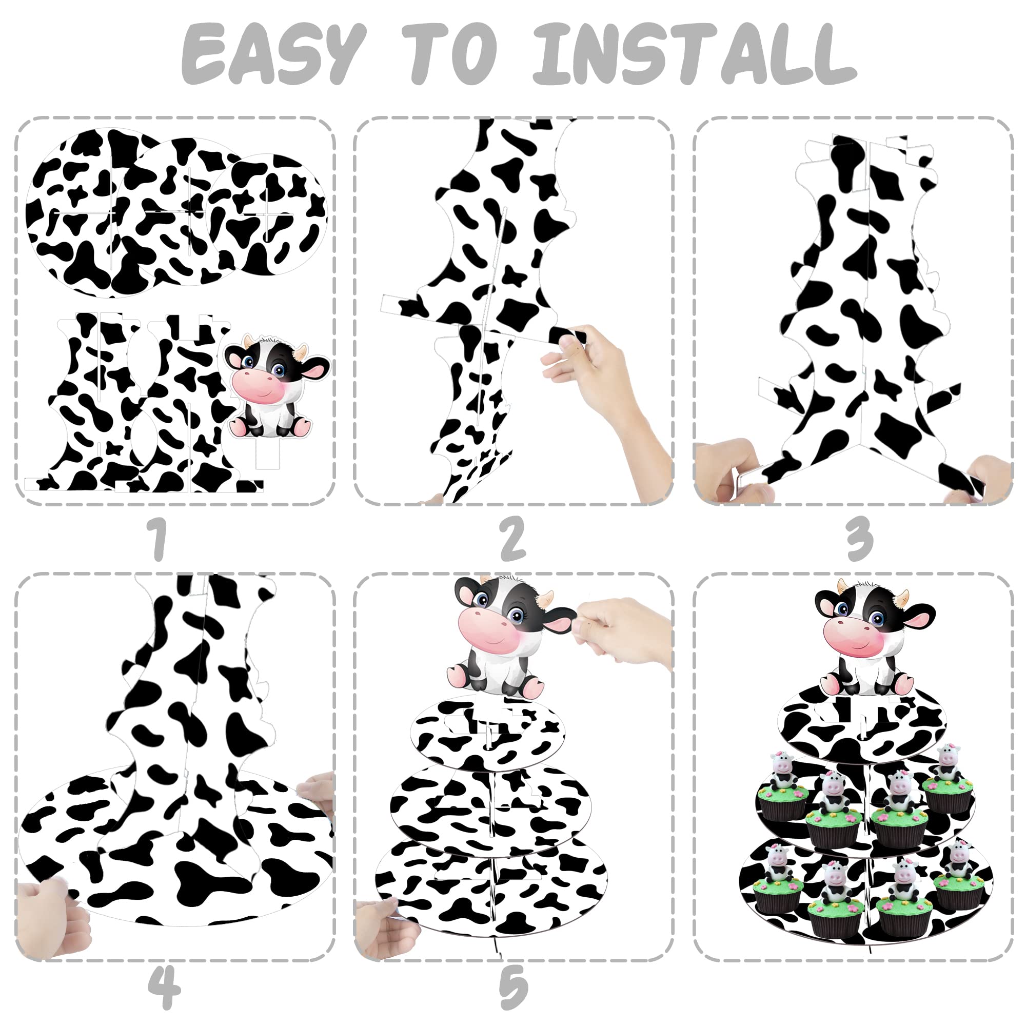 Farm Animal Cow Print Cupcake Stand Cow Party Decoration 3-Tier Cow Cupcake Holder Cardboard Cupcake Stand Cow Themed Party Decoration for Baby Shower Birthday Party Supplies