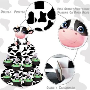 Farm Animal Cow Print Cupcake Stand Cow Party Decoration 3-Tier Cow Cupcake Holder Cardboard Cupcake Stand Cow Themed Party Decoration for Baby Shower Birthday Party Supplies