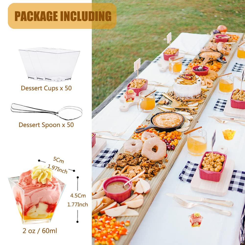 YINVA Dessert Cups 50Pcs Plastic Dessert Cups + 50Pcs Plastic Spoons Mini Dessert Cups 2oz/60ml Reusable Plastic Dessert Cup Dessert for Dessert Pudding Mousse Party