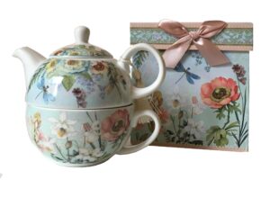 delton products 5.8" porcelain tea for one in gift box, dragonfly