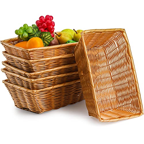 Coloch 6 Pack Poly Wicker Woven Bread Basket, 12 Inch Imitation Rattan Fruit Basket Stackable Rectangle Serving Basket for Fruit, Bread, Vegetable, Towel, Home, Restaurant, Outdoor Use