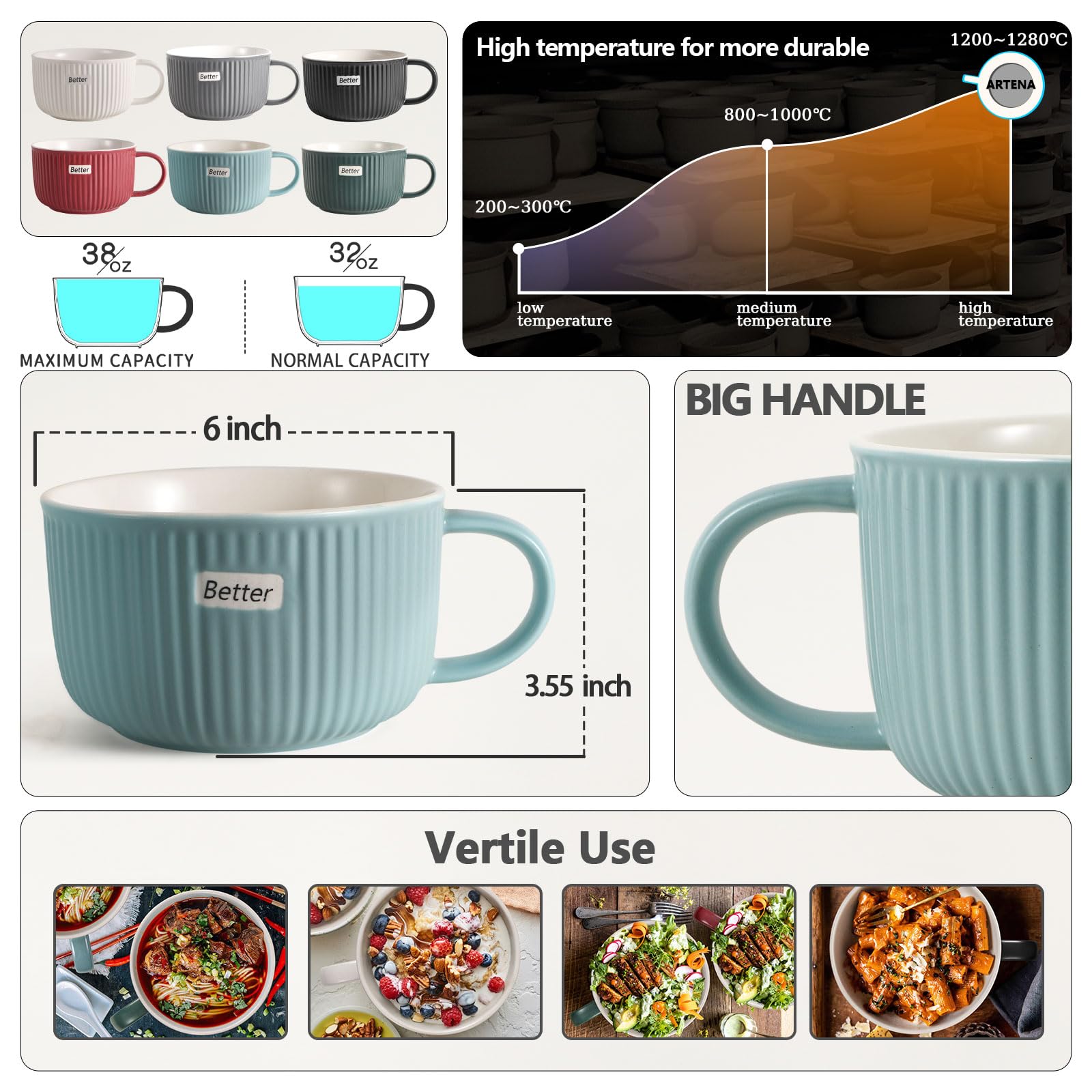 Artena 38 Ounce Soup Bowl with Handles, 6 inch Jumbo Soup Mug with Handles, Wide Large Cereal Bowl for Oatmeal, Gumbo, Salad, Oversized Teal Glazed Ceramic Soup Cup, Microwave & Oven Safe