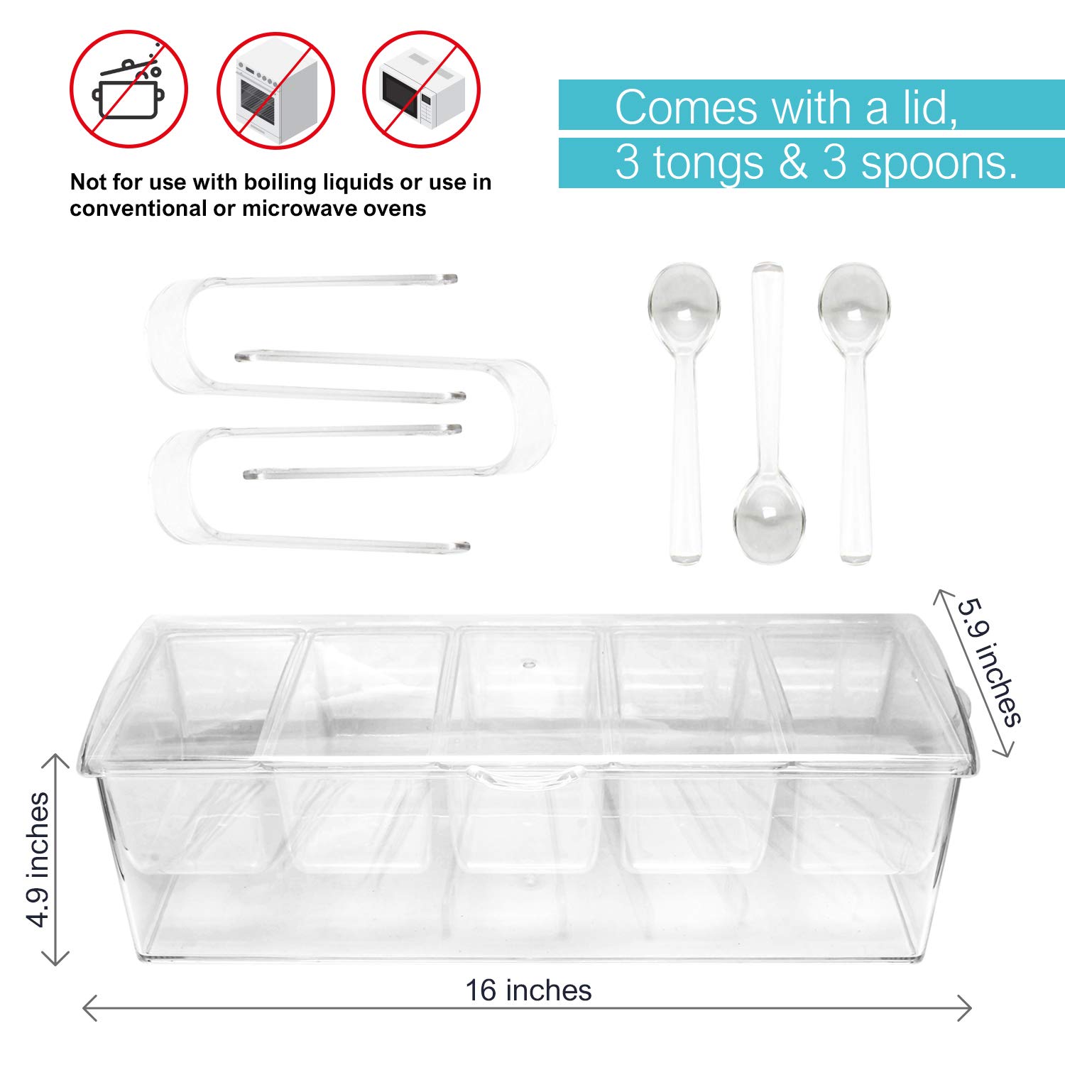 7Penn Condiment Tray with Ice Chamber, 5 Condiment Containers, Lid, 3 Tongs, 3 Spoons - Chilled Condiment Server Caddy