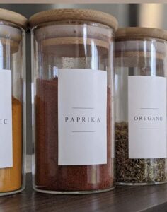 12 piece- 5oz eco-friendly bamboo lid glass spice jar set with 84-minimalist pre-printed waterproof spice labels, 16-blank labels– for spices, seasoning, herb storage and kitchen organization