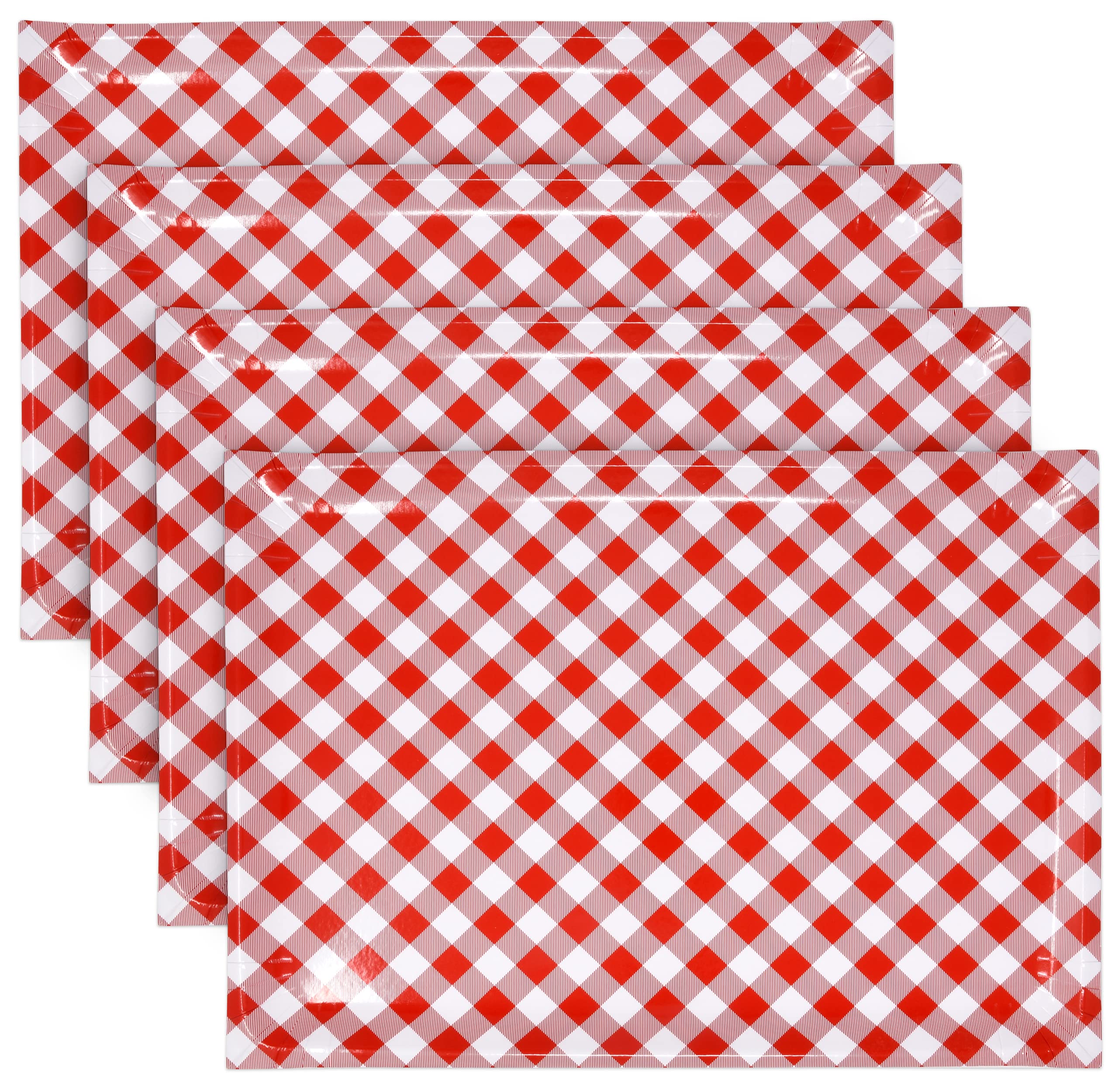 10 Disposable Red & White Gingham Serving Trays Large 10.75" X 15.75" Heavy Duty Rectangle Paper Cardboard BBQ Tray for Dessert Platter Cupcake Display Birthday Party Tableware Supplies