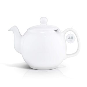 saki large porcelain teapot, 48 ounce tea pot with infuser, loose leaf and blooming tea pot - white