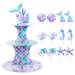 opuhohr 3 tier mermaid cupcake stand,cupcake tower with 12pcs mermaid theme cake topper, dessert tower holder for mermaid theme birthday decoration baby shower party supplies