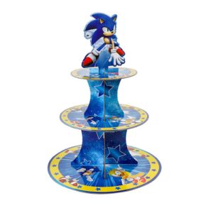hedgehog themed cupcake stand 3 tier, blue hedgehog cake stand for boy kids birthday party, baby shower, gender reveal party, the hedgehog themed boys party supplies