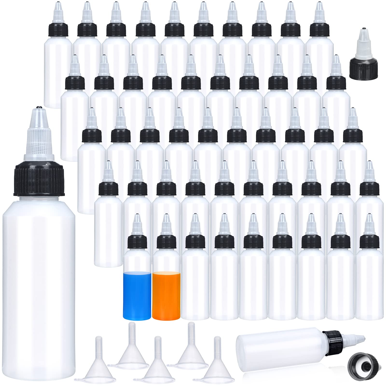 Gandeer 100 Pcs 2 oz Plastic Squeeze Bottles Condiment Squirt Bottle Small Boston Dispensing Bottles with Black Twist Cap and 5 Pcs Funnels Liquids Mini Dressing Container Ketchup Paint Bottles