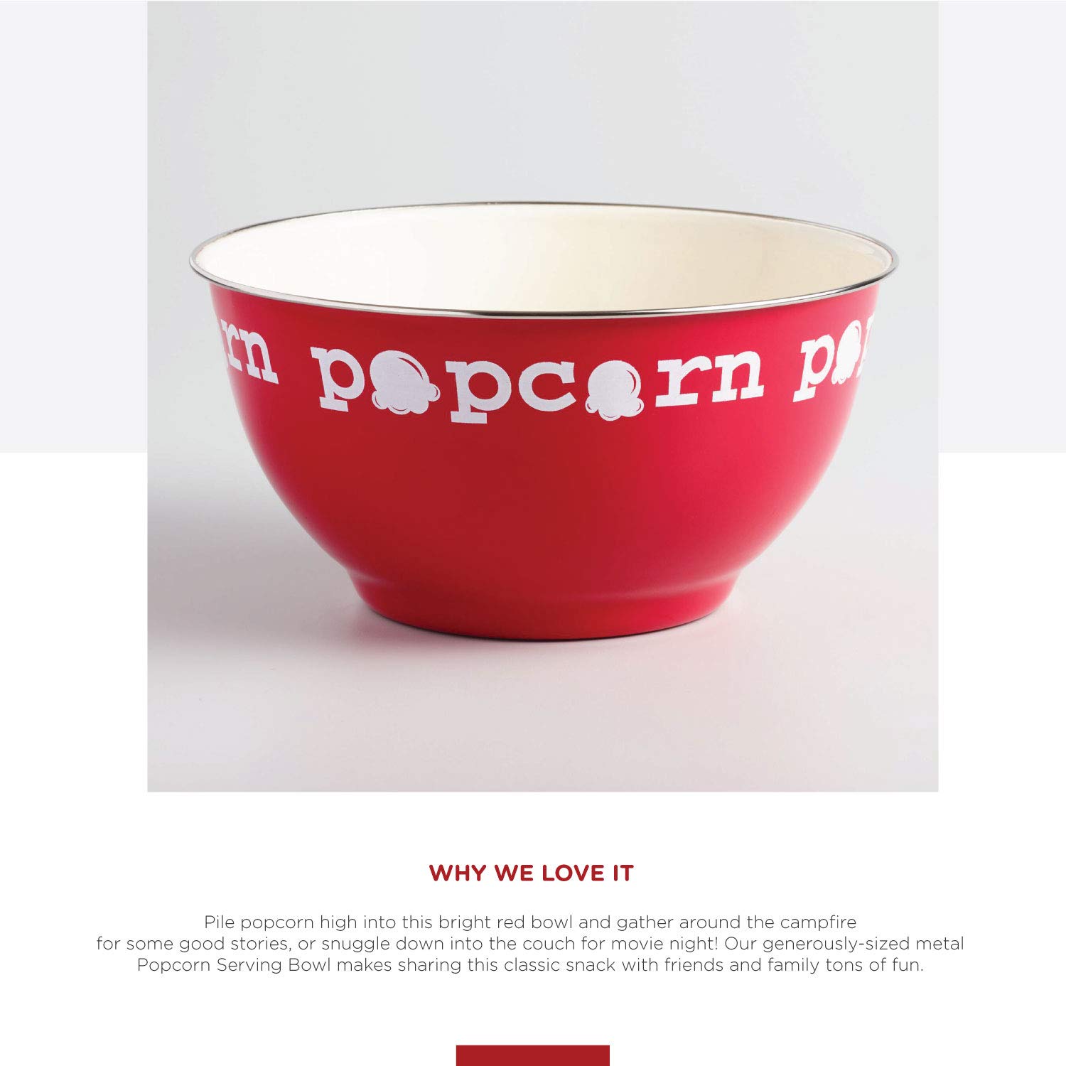 Popcorn Serving Bowl - Large Reusable Popcorn Containers - Ideal Gift for Family Movie Night, Party, Picnic - Red Metal Snack Bowl - Popcorn Mixed Serving Dish - Light & Sturdy by WorldMarket