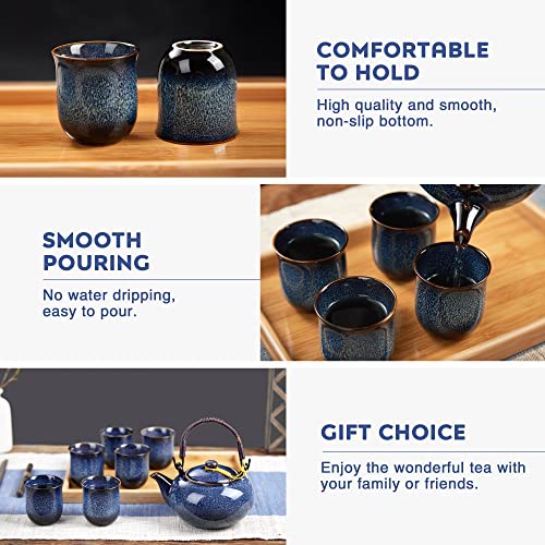 DUJUST Japanese Tea Set for 6, Kiln Altered Glaze Porcelain Tea Set with 1 Teapot, 6 Tea Cups & 1 Tea Tray, Unique Chinese Tea Set for Adults/Tea Lovers/Women/Men, Blue