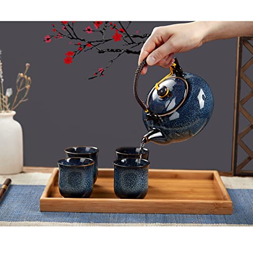 DUJUST Japanese Tea Set for 6, Kiln Altered Glaze Porcelain Tea Set with 1 Teapot, 6 Tea Cups & 1 Tea Tray, Unique Chinese Tea Set for Adults/Tea Lovers/Women/Men, Blue