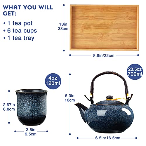 DUJUST Japanese Tea Set for 6, Kiln Altered Glaze Porcelain Tea Set with 1 Teapot, 6 Tea Cups & 1 Tea Tray, Unique Chinese Tea Set for Adults/Tea Lovers/Women/Men, Blue