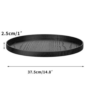 Round Solid Wood Serving Tray Large Tea Coffee Table Tray Snack Food Serving Platter Non-Slip Plate Kitchen Party Bar Server Breakfast Tray Ottoman Tray with Raised Edges (14.8inch/37.5cm) Black