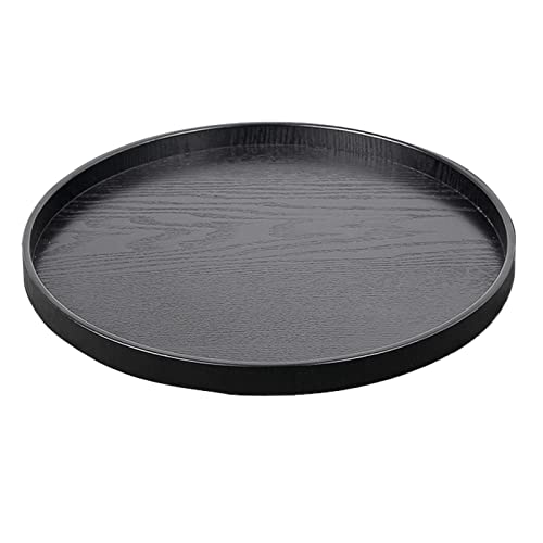 Round Solid Wood Serving Tray Large Tea Coffee Table Tray Snack Food Serving Platter Non-Slip Plate Kitchen Party Bar Server Breakfast Tray Ottoman Tray with Raised Edges (14.8inch/37.5cm) Black