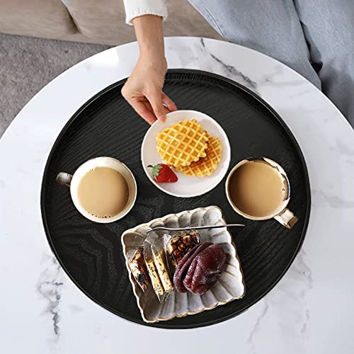 Round Solid Wood Serving Tray Large Tea Coffee Table Tray Snack Food Serving Platter Non-Slip Plate Kitchen Party Bar Server Breakfast Tray Ottoman Tray with Raised Edges (14.8inch/37.5cm) Black