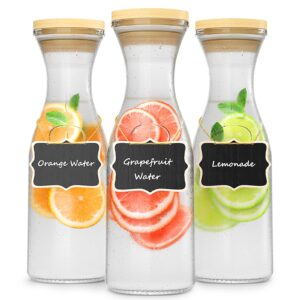 finew 3 pack glass carafes with wood lids, 1 liter carafes & pitchers mimosa bar supplies for beverage, iced tea, brunch, water, juice, milk, lemonade - 3 wooden chalkboard tags