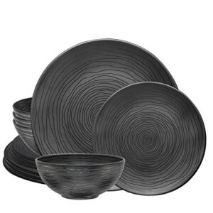 bzyoo 12 piece melamine dinnerware set - durable, dishwasher safe organica black plates and bowls sets casual dish set for dining, outdoor and kitchen