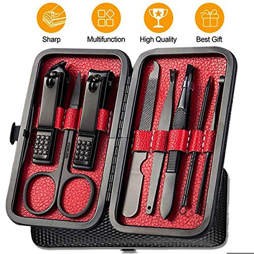 Manicure Pedicure Kit Nail Clippers Set 18 in 1 High Precision Stainless Steel Cutter File Sharp Scissors for Men & Women Fingernails & Toenails Vibrissac Scissors with Stylish Case (black&red_8in1)