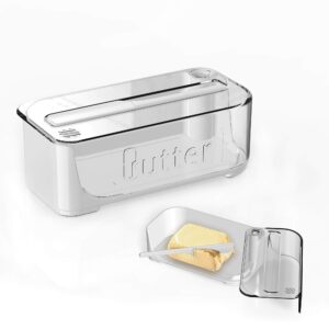 butter dish with lid and knife,butter container with 180° rotating sealing flip-top,butter keeper for countertop or fridge,plastic butter holder container, bpa-free, freezer safe, hand wash (white)