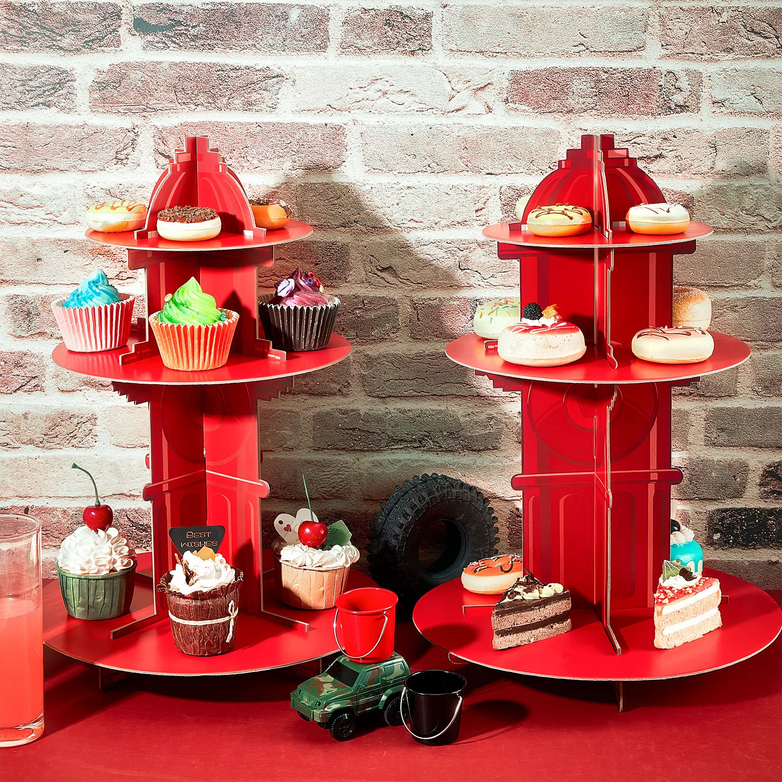 Fire Hydrant Cupcake Holder 2 Pieces 3 Tier Fire Hydrant Cupcake Stand Fire Fighter Theme Cupcake Holder Stand Fire Truck Birthday Party Supplies Fire Hydrant Party Decor for Fire Party Decorations