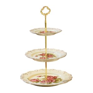 yolife red rose pattern 3 tiered cupcake stand, emboss golden leaves edge porcelain 3 tier pastry stand desert stand