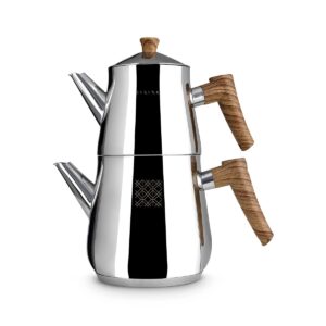 serenk stainless steel turkish teapot set, stovetop tea maker with induction base, non slip bakelite handles, dishwasher safe, 2 lids, 3 qt, 101 oz black (black)