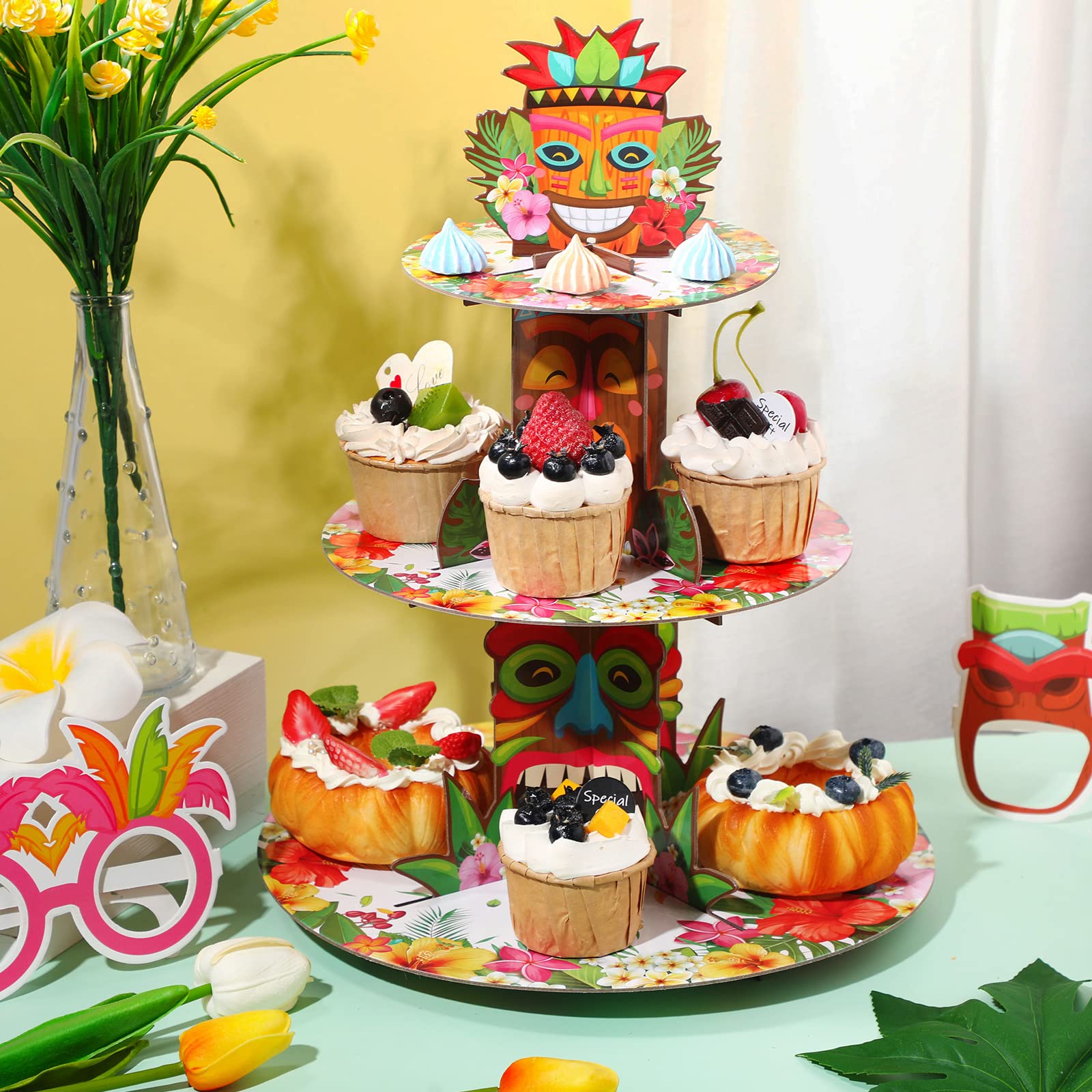 Hawaiian Cupcake Stand Luau Party Decorations 3 Tier Tiki Cupcake Stand Aloha Cake Holder Tropical Cupcake Tower Dessert Stand for Summer Beach Pool Hawaiian Birthday Party Decorations Supplies