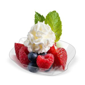 kingrol 100 count mini dessert plates, clear disposable plates for cakes, desserts, appetizers, snacks, tastings, 4.5 x 3.62 x 0.87 inch