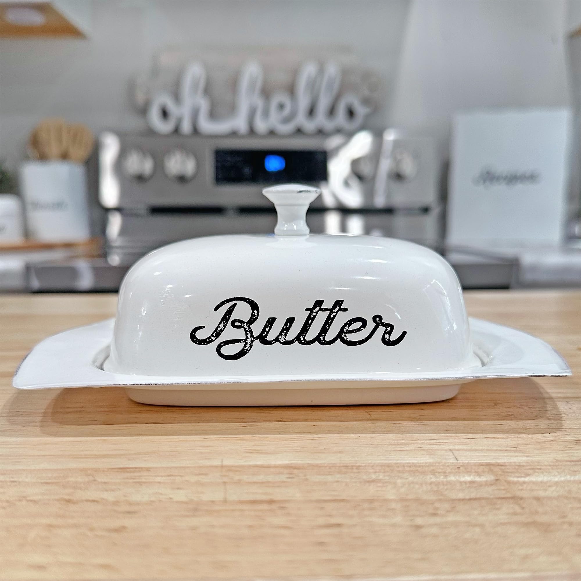 AuldHome Farmhouse White Butter Dish, Vintage Style Enamelware Butter Dish with Cover