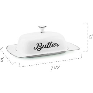 AuldHome Farmhouse White Butter Dish, Vintage Style Enamelware Butter Dish with Cover