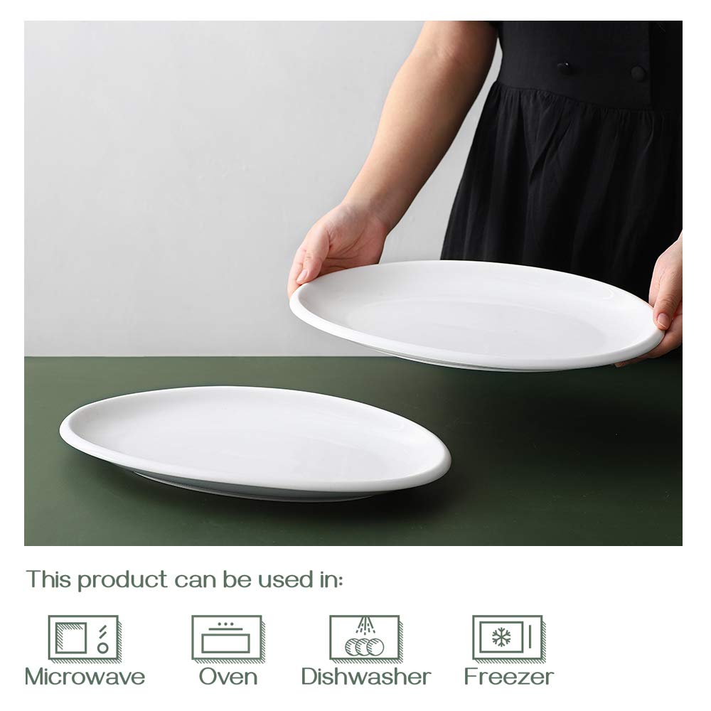 DOWAN 14" White Serving Platters for Entertaining, Oval Serving Plates, Party Serving Trays and Platters Oven Safe, Porcelain Dinner Serving Tray Serving Dishes for Meat, Set of 2