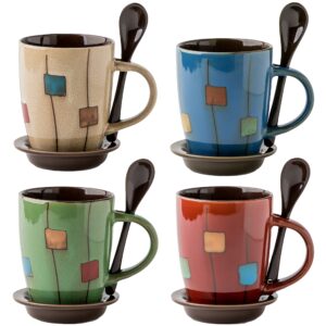 12 piece coffee mugs set of 4 - ceramic coffee cups with saucers and spoons in handle, microwave and dishwasher safe - great for gifting
