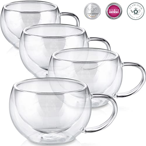 Teabloom Modern Classic Insulated Cups – 6 oz / 200 ml – Set of 4 Double Walled Glass Cups for Tea or Espresso