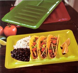 set of three taco holder stand up divider plates multi colored party taco night food safe bpa free plastic plate set for soft and hard shell tacos