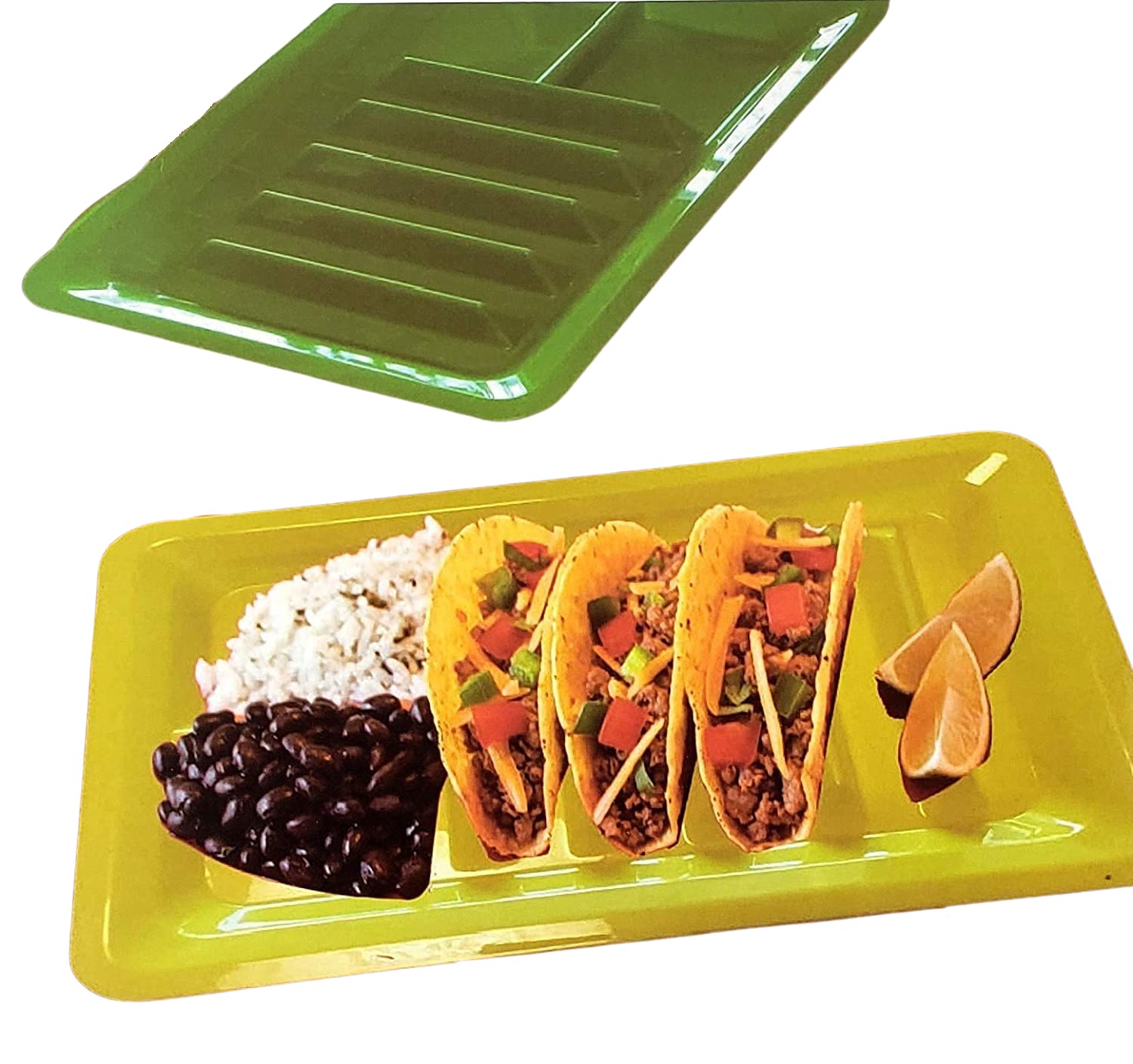 Set of Three Taco Holder Stand Up Divider Plates Multi Colored Party Taco Night Food Safe BPA Free Plastic Plate Set for Soft and Hard Shell Tacos